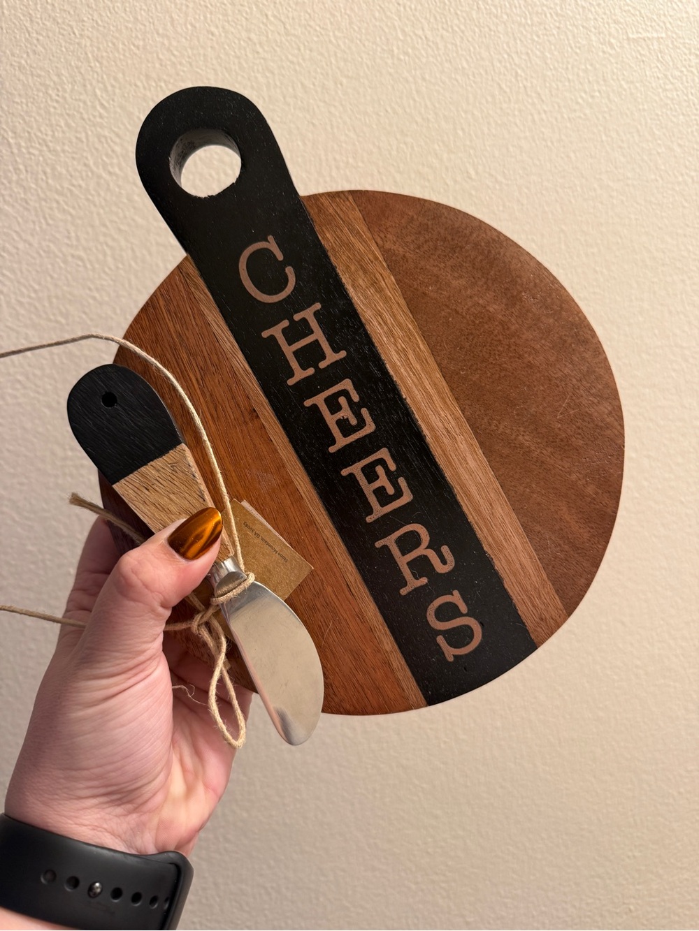Wooden Round Serving Board with 'CHEERS' and cheese knife